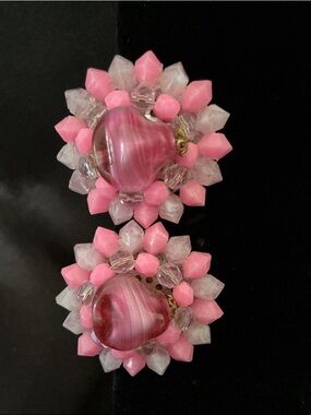 Miriam Haskell Pink Heart Cluster Beaded Earrings